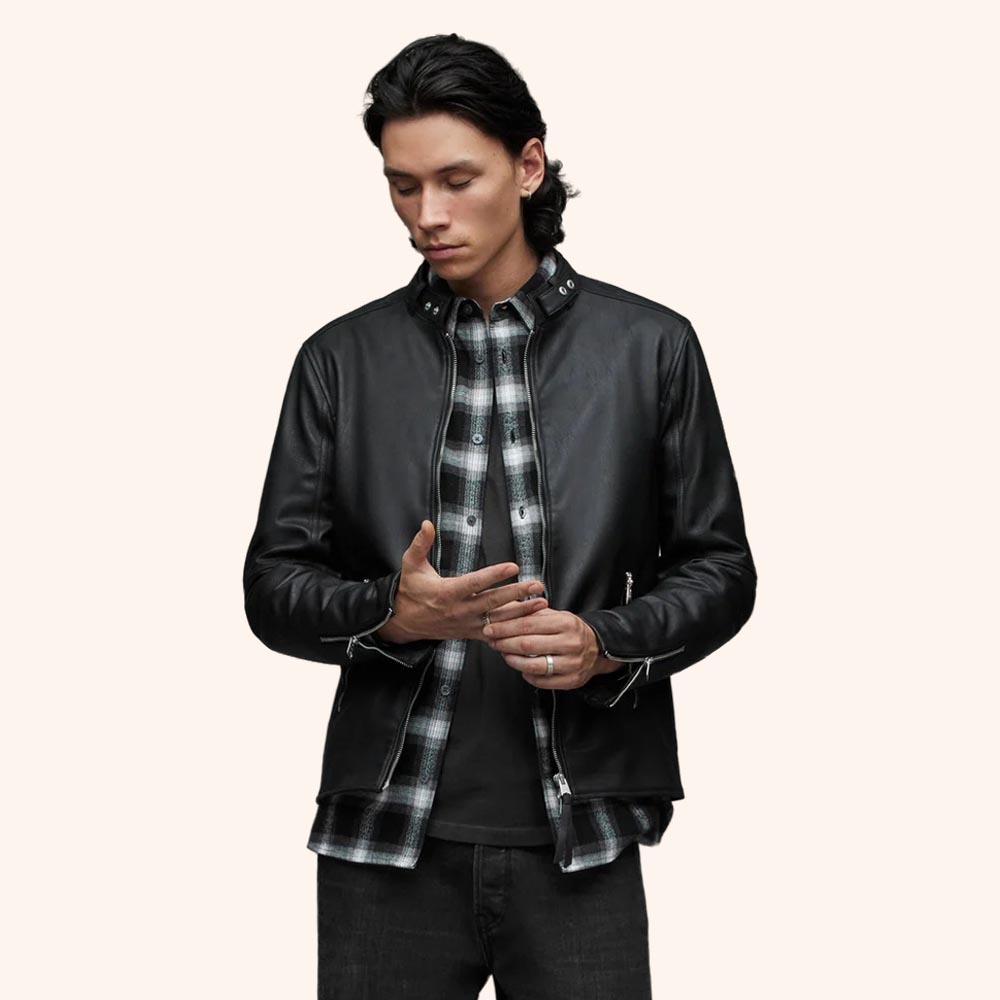 Men's Black Leather Harrington Jacket with Band Collar