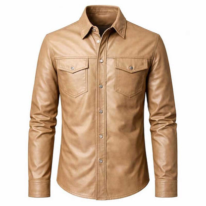 Mens Beige Genuine Sheepskin Leather Button Down Shirt
