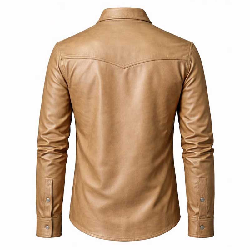 Mens Beige Genuine Sheepskin Leather Button Down Shirt