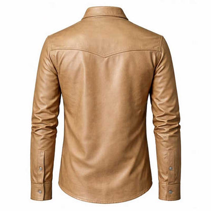 Mens Beige Genuine Sheepskin Leather Button Down Shirt