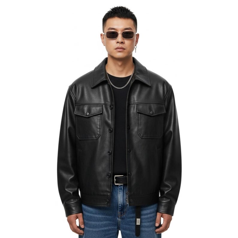 Mens Black Genuine Lambskin Leather Oversized Trucker Jacket front view