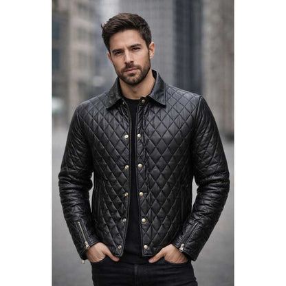 Mens Black Genuine Leather Quilted Moto Button Front Jacket