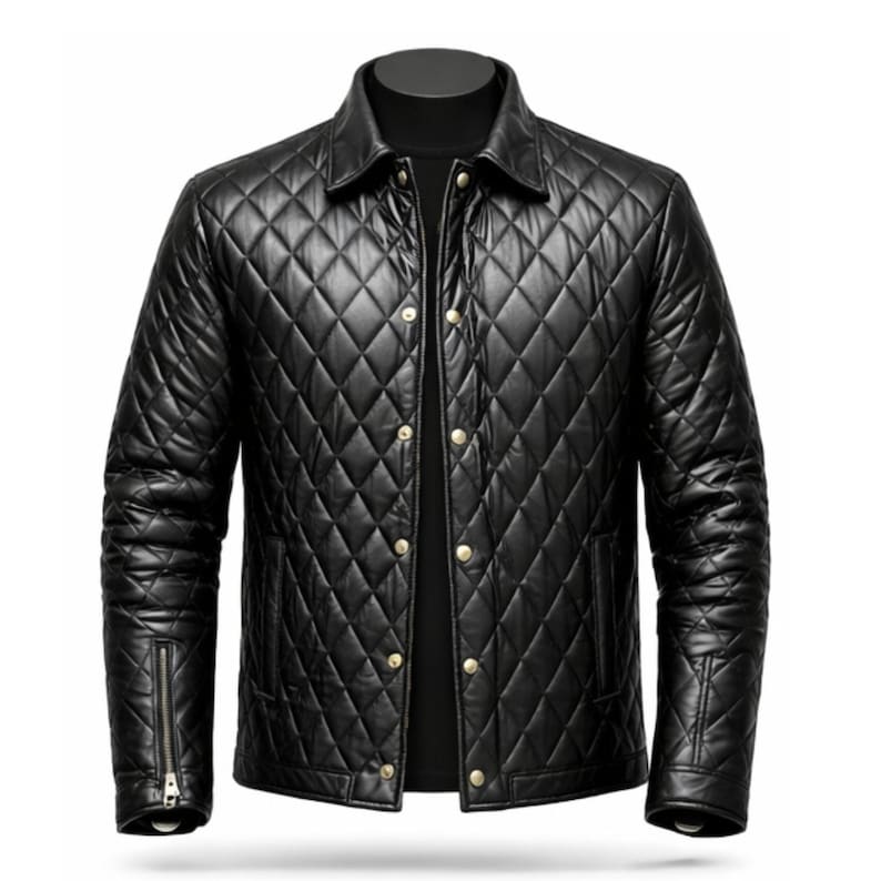 Mens Black Genuine Leather Quilted Moto Button Front Jacket
