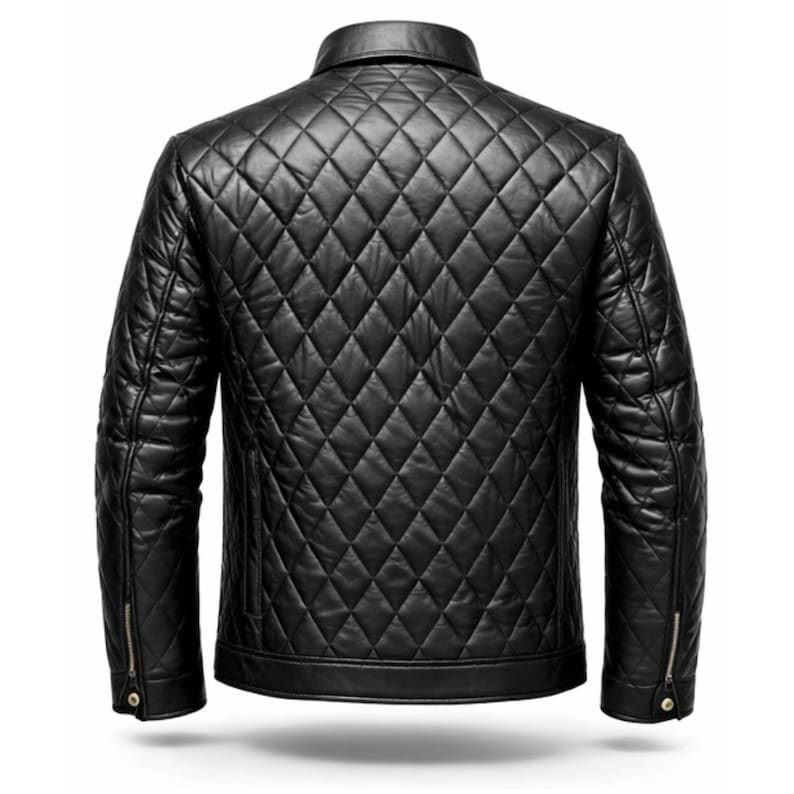 Mens Black Genuine Leather Quilted Moto Button Front Jacket