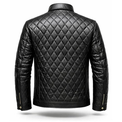 Mens Black Genuine Leather Quilted Moto Button Front Jacket