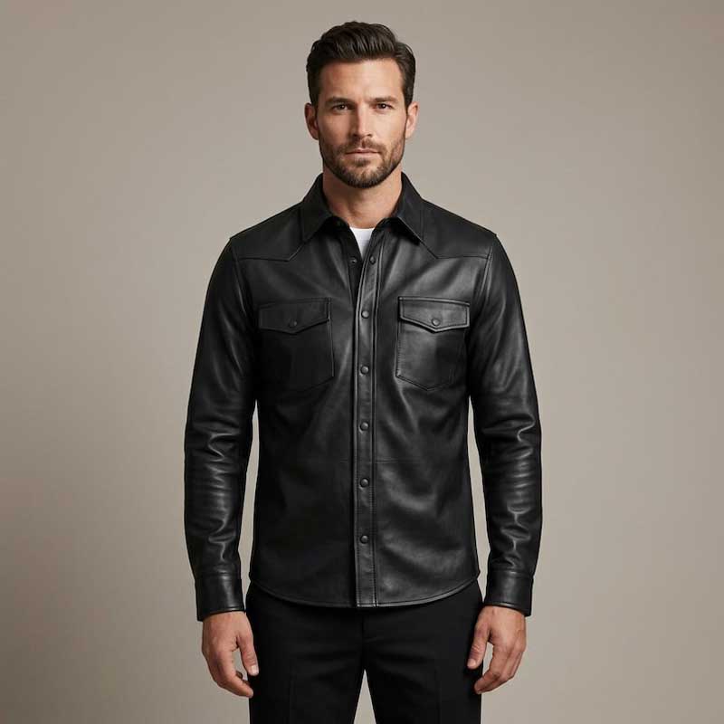 Mens Black Genuine Leather Snap Button Biker Overshirt Jacket