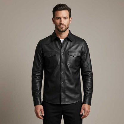 Mens Black Genuine Leather Snap Button Biker Overshirt Jacket