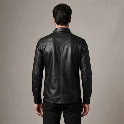 Mens Black Genuine Leather Snap Button Biker Overshirt Jacket
