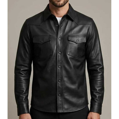 Mens Black Genuine Leather Snap Button Biker Overshirt Jacket