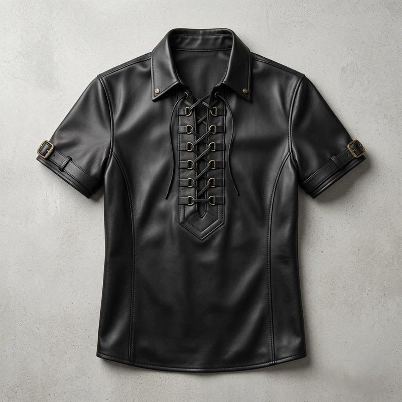 Mens Black Genuine Sheepskin Leather Short Sleeve Western Shirt