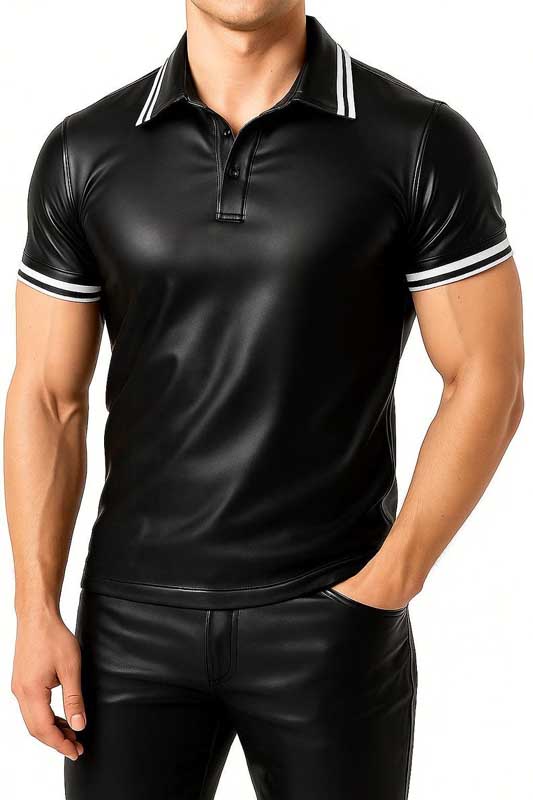 Mens Black Lambskin Leather Polo Shirt with White Stripe Detail - 3amoto shop
