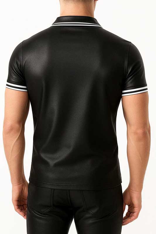 Mens Black Lambskin Leather Polo Shirt with White Stripe Detail