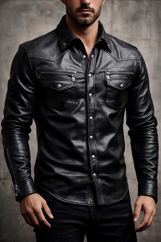 Mens Black Lambskin Leather Shirt Jacket Slim Fit - 3amoto shop