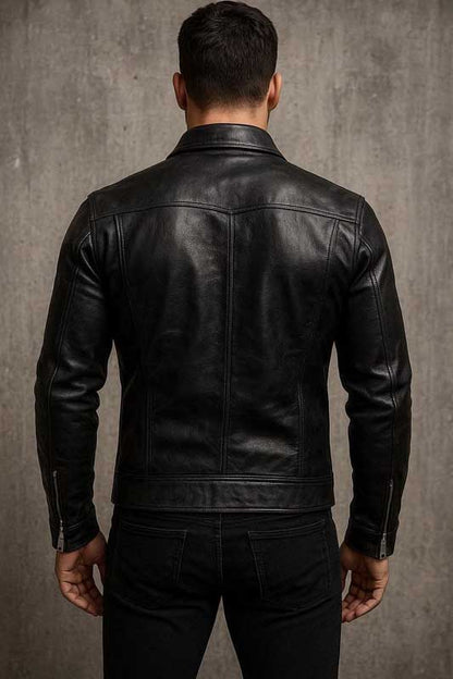 Mens Black Lambskin Leather Shirt Jacket Slim Fit