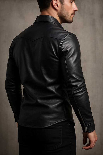Mens Black Lambskin Leather Shirt Jacket Slim Fit