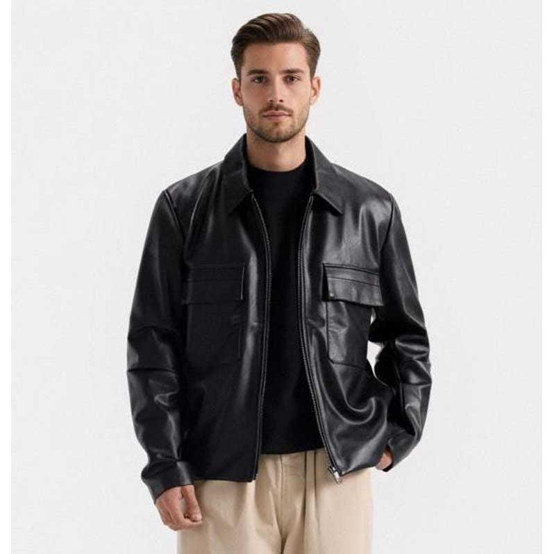 Mens Black Leather Shacket Minimalist Utility Overshirt