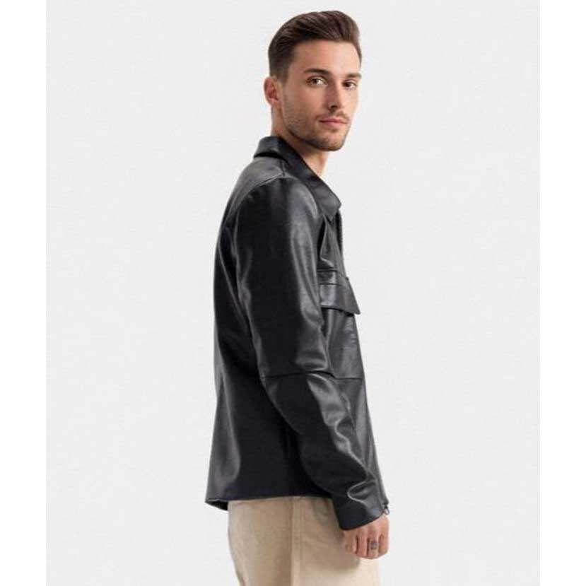 Mens Black Leather Shacket Minimalist Utility Overshirt