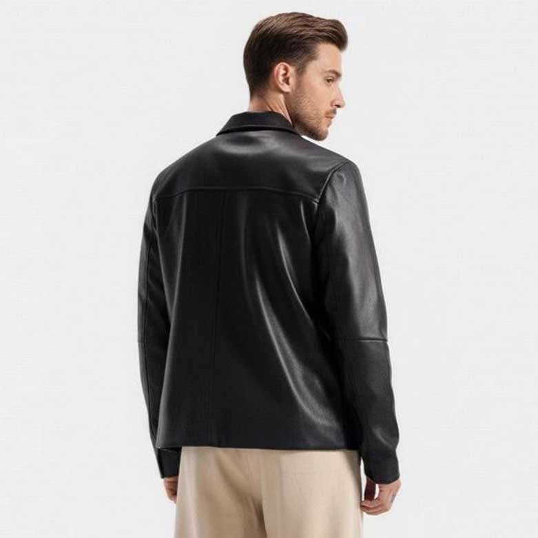 Mens Black Leather Shacket Minimalist Utility Overshirt