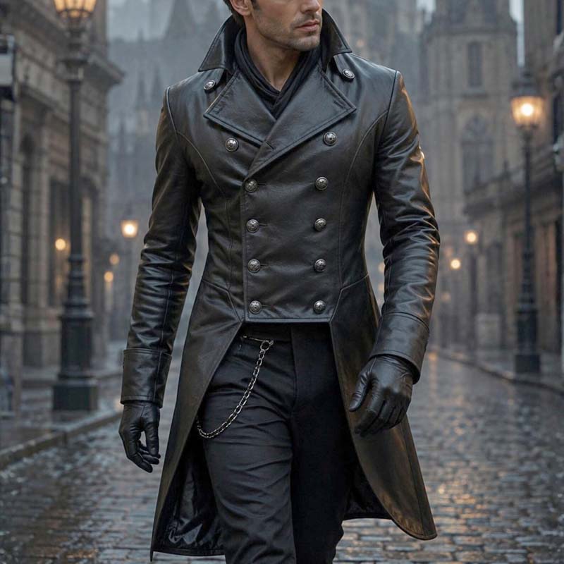 Men's black leather trench coat with double-breasted button front