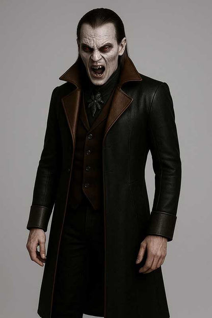 Mens Black Leather Trench Coat Gothic Steampunk Long Coat