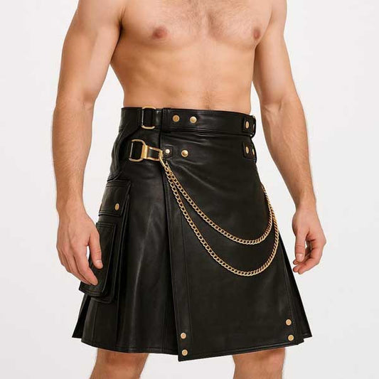 Mens Black Leather Utility Kilt Gothic Punk with Chain - 3amoto shop