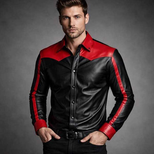 Mens Black Red Two Tone Leather Western Shirt Snap Button - 3amoto shop