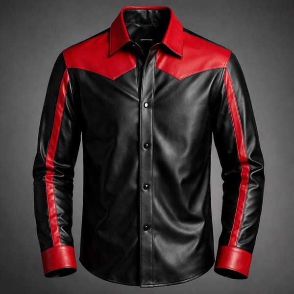 Mens Black Red Two Tone Leather Western Shirt Snap Button
