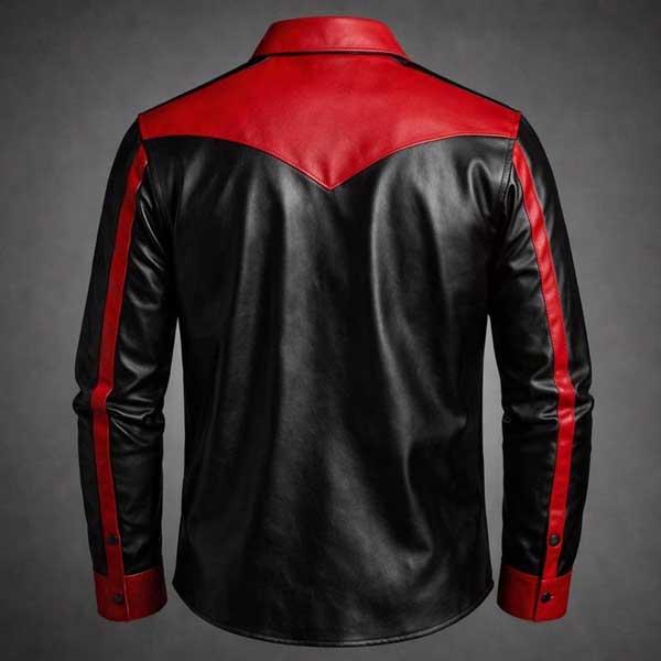 Mens Black Red Two Tone Leather Western Shirt Snap Button