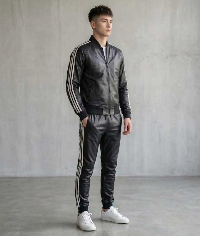 Men’s Black Sheepskin Leather Biker Tracksuit Set