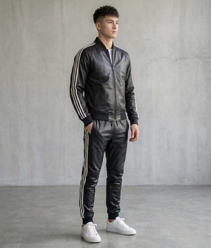 Men’s Black Sheepskin Leather Biker Tracksuit Set