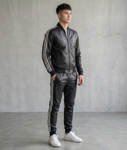 Men’s Black Sheepskin Leather Biker Tracksuit Set - 3amoto shop