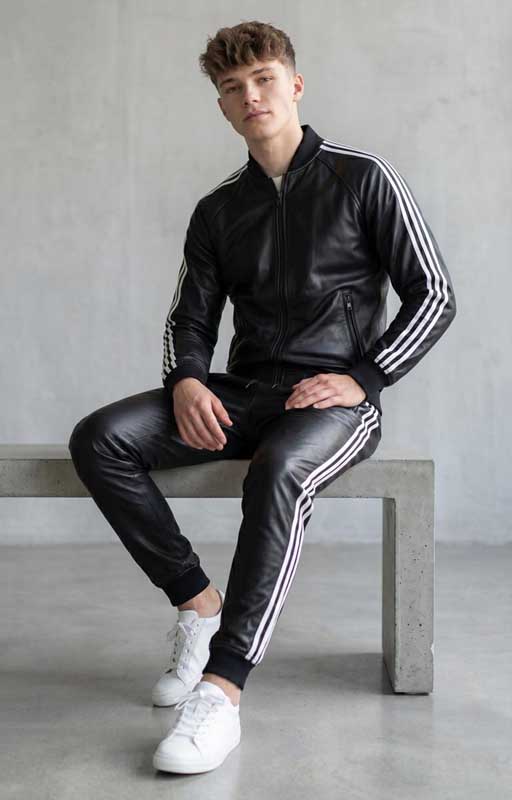 Men’s Black Sheepskin Leather Biker Tracksuit Set
