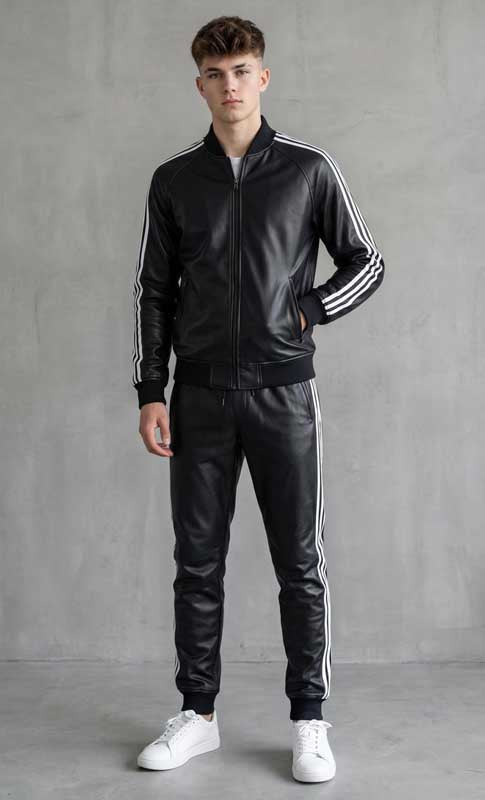 Men’s Black Sheepskin Leather Biker Tracksuit Set