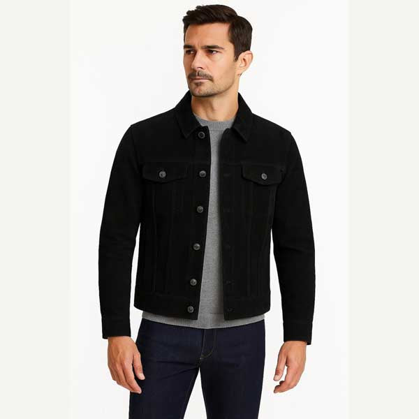 Mens Black Sheepskin Suede Leather Trucker Jacket Western Style