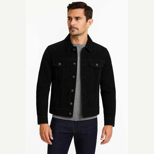 Mens Black Sheepskin Suede Leather Trucker Jacket Western Style - 3amoto shop