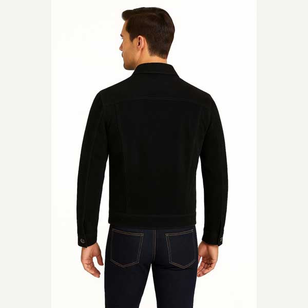Mens Black Sheepskin Suede Leather Trucker Jacket Western Style