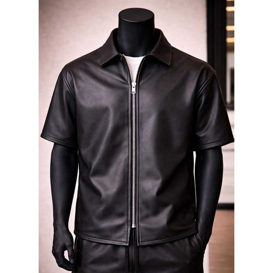 Mens Boxy Fit Genuine Leather Zipper Front Shirt - 3amoto shop