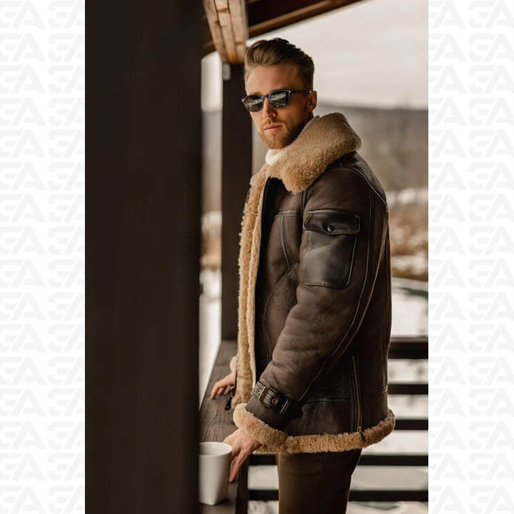 Men's Brown B3 Flying Aviator Shearling Leather Long Jacket Coat