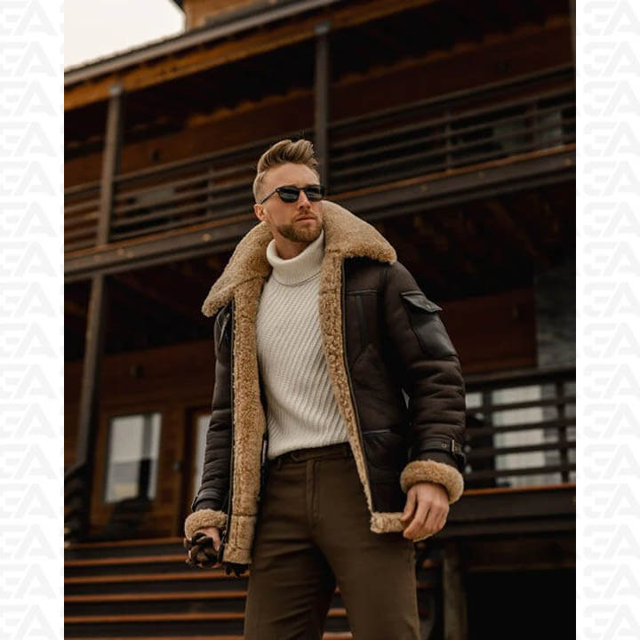 Men's Brown B3 Flying Aviator Shearling Leather Long Jacket Coat