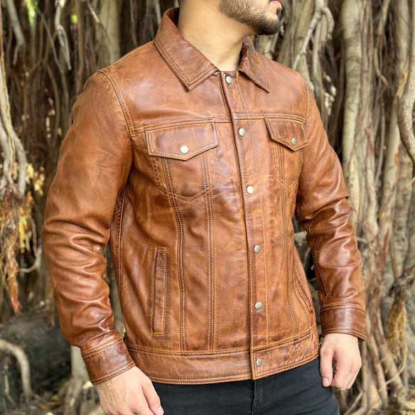 Mens Brown Lambskin Leather Biker Shirt Jacket front view in distressed brown leather