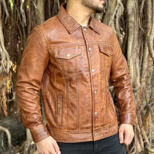 Mens Brown Lambskin Leather Biker Shirt Jacket front view in distressed brown leather - 3amoto shop