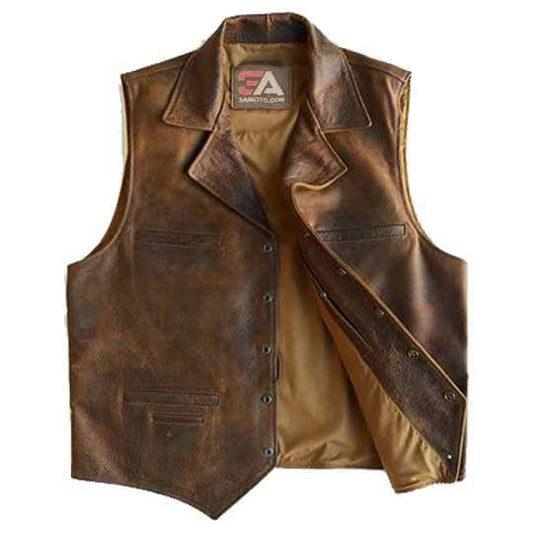 Brown Sheepskin Leather Cowboy Vest - Fashion Leather Jackets USA - 3AMOTO