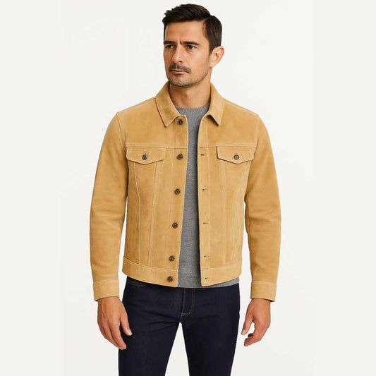 Mens Brown Sheepskin Suede Trucker Jacket Classic Western Style - 3amoto shop