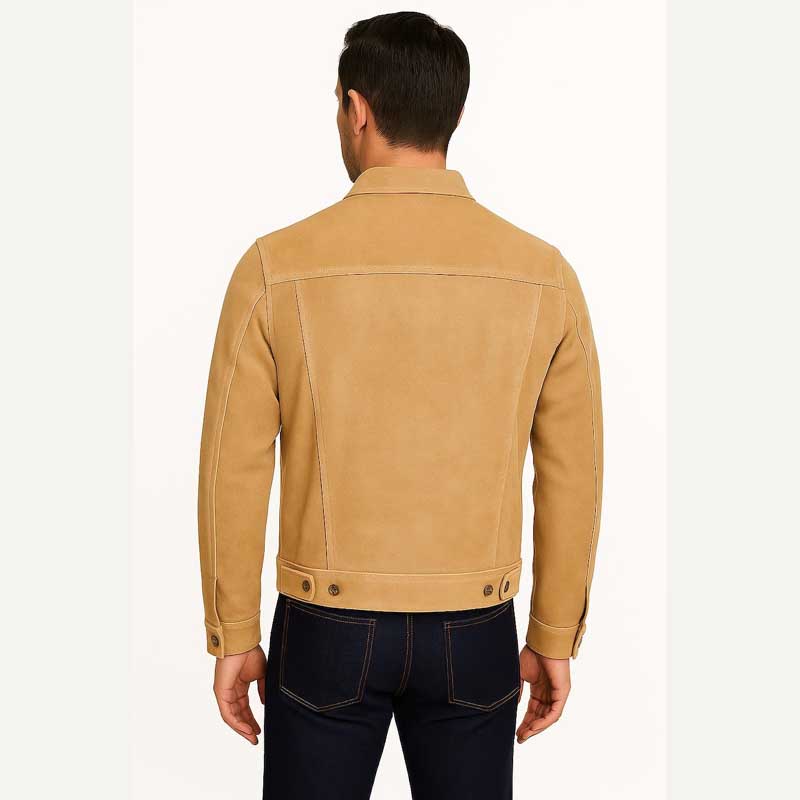 Mens Brown Sheepskin Suede Trucker Jacket Classic Western Style