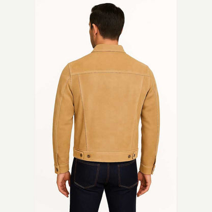 Mens Brown Sheepskin Suede Trucker Jacket Classic Western Style