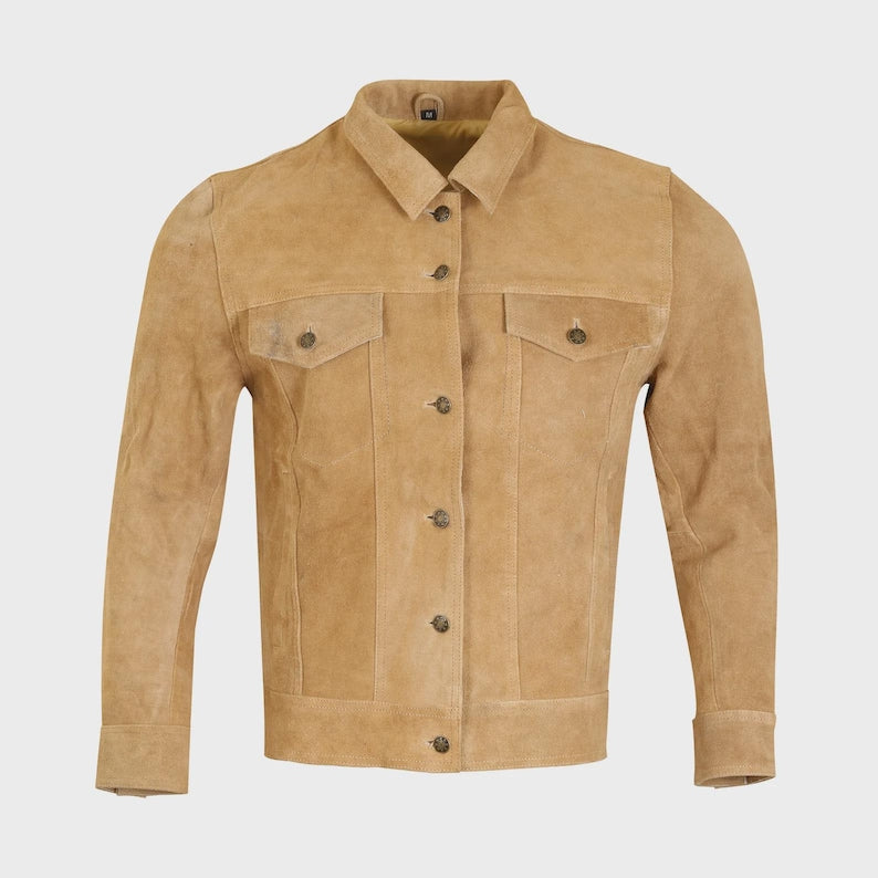 Mens Brown Sheepskin Suede Trucker Jacket Classic Western Style