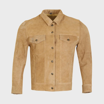 Mens Brown Sheepskin Suede Trucker Jacket Classic Western Style