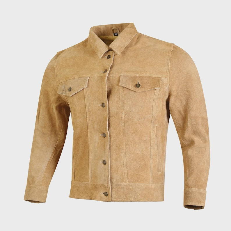 Mens Brown Sheepskin Suede Trucker Jacket Classic Western Style