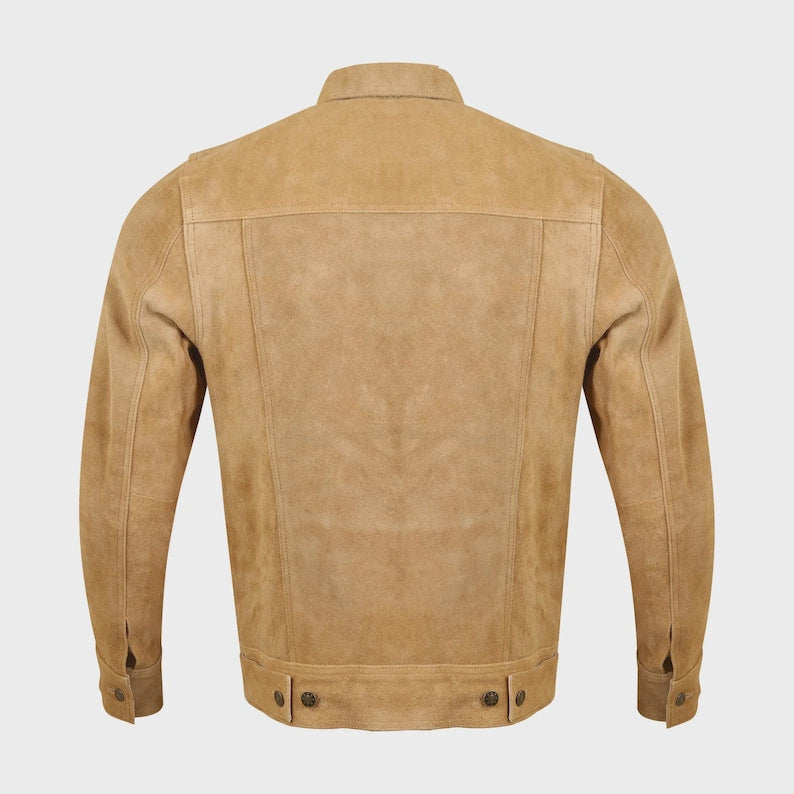 Mens Brown Sheepskin Suede Trucker Jacket Classic Western Style