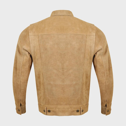 Mens Brown Sheepskin Suede Trucker Jacket Classic Western Style
